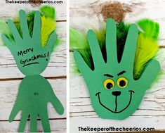 two pictures of handprints with green and yellow feathers on them, one has the words merry grandma's