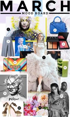 the cover of march mood board is shown in black and white, with many different colors