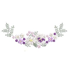 an embroidery design with flowers and leaves on the side of a white background, in pastel colors