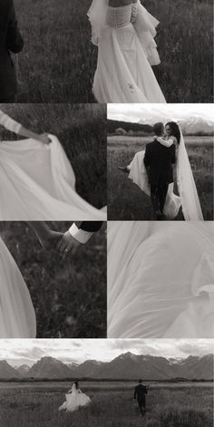 the bride and groom are walking through the field with their wedding dress blowing in the wind