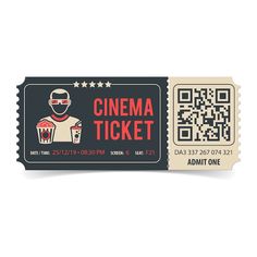 a ticket with a man holding a drink and a barcode on the side that says cinema ticket