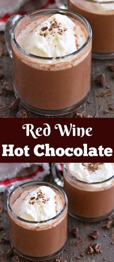 red wine hot chocolate in small glasses with whipped cream on top