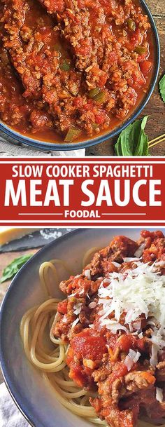 the cover of slow cooker spaghetti meat sauce is shown in two different images, with text overlay