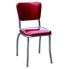 a red chair sitting on top of a white floor