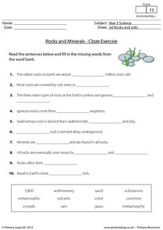 worksheet for reading rocks and minerals - choose the word to describe them