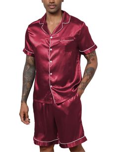 PRICES MAY VARY. PREMIUM SILK STAIN: The Mens Pajama Set is a Super-Soft, Lightweight, Breathable, and Versatile Fabric, Providing Ultimate Comfort in The Lounge and Sleeping Time. Enjoy The Silk-Like Feel of Satin Fabric in This Classic Satin Pajama Set for Men. FEATURES - Mens Silk Pajamas Set with Long Sleeved Button-Down Top and Elastic Waist Pants, Easy to Put on and Off. Classic Notch Collar, Chest Pocket Lend Sophisticated Detail. Sleepwear With Pockets to Place Your Phone and Wallet. Sat Mens Silk Pajamas Red, Mens Silk Pajamas, Two Piece Loungewear, Silk Pajamas Set, Satin Pajamas Set, Mens Pajama, Satin Pajama, Mens Pajamas Set, Silk Pajama Set