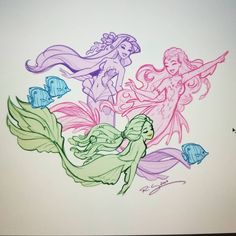 an image of mermaids and fish in the water with color pencils on paper