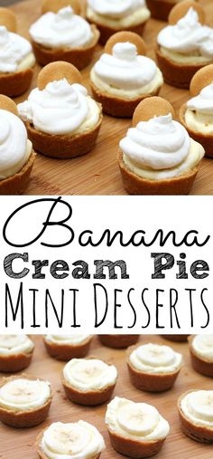 banana cream pie mini desserts on a cutting board with the words, banana cream pie mini desserts