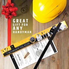 tools and construction equipment laid out on a wooden floor with the title great gift for handyman