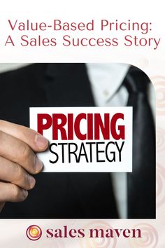 a man in a suit holding up a business card with the words pricing strategy written on it