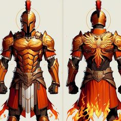 an image of a man in armor with fire coming out of his chest and back