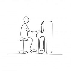 a person sitting at a desk with a computer in front of him, one line drawing