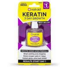 NAIL STRENGTHENER: Keratin is the hardening protein that builds nails. This powerful keratin amino acids treatment absorbs into soft, weak nail layers to give them maximum strength, stopping peeling and chipping. 3 DAY GROWTH: Grow healthier, harder, longer nails with visible improvement in as little as 3 days. QUICK DRY: Dries quickly to an ultra-hard finish so you can go about your day without fear of ruining your manicure. VERSATILE: Our Keratin 3 Day Growth can be used with nail color resulting in a long-wearing, high gloss manicure or can be used alone for a natural, healthy look with shine. DIRECTIONS: Use alone. Apply 2 coats over dry, clean nails. Let each coat dry before applying another coat. Use with nail color: Apply as base & top coat. For longest-lasting protection, apply ano Nail Aid, Grow Long Nails, America Nails, Weak Nails, Brittle Nails, Nail Growth, Nail Strengthener, Nail Fungus, Dry Nails