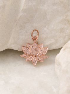 Beautiful lotus charm pendant for necklaces / bracelets / earrings. Set in natural diamonds and made in sterling silver 925. Lotus Jewelry Hyderabad, Lotus Diamond Pendant, Diamond Pendant With Flower Charm, Rose Gold Pendant Jewelry With Flower Charm, Rose Gold Diamond Jewelry With Flower Charm, Cubic Zirconia Pendant With Flower Charm, Lotus Jewelry Design, Silver Diamond Jewelry With Flower Charm, Flower Pendant Charms Jewelry Gift For Her