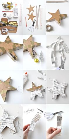 the steps to make this paper star ornament are made with construction paper and scissors