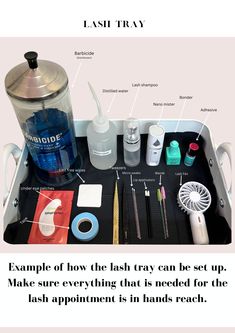 Lash Tray Setup, Lash Extension Organization, Lash Tech Accessories, Lash Extension Supply List, Traveling Lash Tech, Diy Lash Room Decor, Eyelash Extension Room Ideas, Lash Tech Necessities, Lash Business Tips