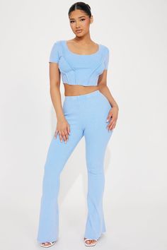 Available In Light Blue And Black. Washed Pant Set Short Sleeve Top Scoop Neck Cropped Flare Leg Pant Elastic Waistband Stretch Inseam 32" Disclaimer: Due To The Specialized Wash Process, Each Garment Is Unique. 94% Cotton 6% Spandex Imported | Get To Know Me Washed Pant Set in Light Blue size Large by Fashion Nova Light Blue Fitted Loungewear Sets, Fitted Light Blue Loungewear Sets, Blue Stretch Cropped Bottoms, Blue Fitted High-waist Sets, Fitted Cropped Blue Pants, Blue Fitted Cropped Pants, Light Blue Fitted Short Sleeve Sets, Blue Fitted Cropped Sets, Blue Fitted Bottoms For Loungewear