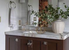 a bathroom sink with marble counter top next to a large mirror and potted plant