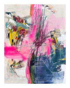 an abstract painting with pink, blue and yellow colors