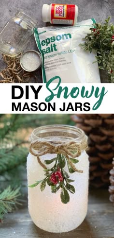 mason jar filled with homemade diy snow and christmas decorations