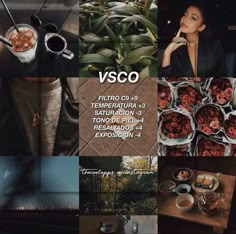 a collage of different photos with the words vsco written in spanish and english