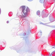 a girl in a dress is surrounded by red and white balls, with her hair blowing in the wind