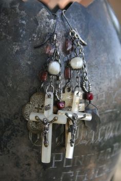 2024 Jewelry, Assemblage Earrings, Rosary Jewelry, Flaming Heart, Found Object Jewelry, Vintage Jewelry Ideas, Repurposed Jewelry, Assemblage Jewelry, Punk Jewelry