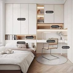 a bedroom with white walls and wooden flooring is shown in this graphic above the bed