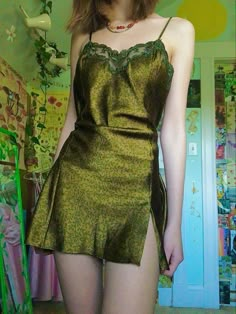 Fairy Club Outfit, Green Slip Dress Outfit, Outfit Emo, Slip Dress Outfit, Green Slip Dress, Look Festival, Fairy Clothes, Dress Outfit, Fit Check