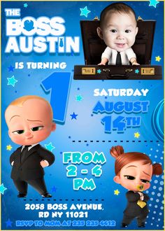 Fantastic The Boss Baby Family Business Birthday Invitation with a free backside included. Personalized digital invite for your baby boy's birthday. Baby Birthday Invitation Card, Happy Birthday Boss, The Boss Baby, Business Birthday, Baby Birthday Invitations, Boss Birthday, Baby Boss, Baby Boy 1st Birthday Party