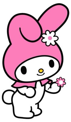 hello kitty is holding a flower in her hand and wearing a pink hat with flowers on it