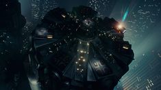 a sci - fi space station in the middle of a city at night with bright lights