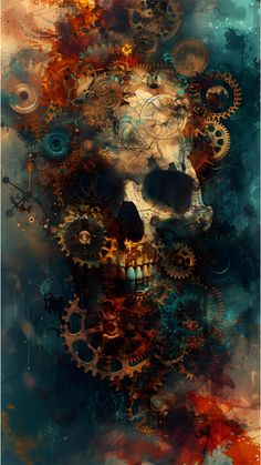 a skull with gears on it's face in the middle of an abstract painting