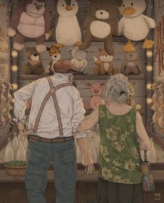 two people standing in front of a display of stuffed animals and teddy bears on the wall