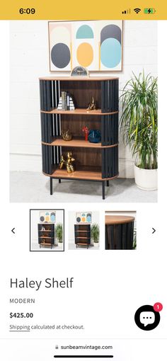 an advertisement for a bookcase with shelves and pictures on the wall above it that says haley shelf $ 350 00