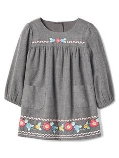 Gap Baby Floral Embroidery Twill Dress Grey Heather Grey Embroidered Dress, Blue Floral Sundress, Gap Outfits, Pink Sweater Dress, Floral Embroidery Dress, Pink Cable Knit Sweater, Twill Dress, Rainbow Sweater