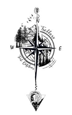 a compass with trees and mountains in the background