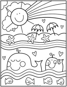 a coloring page with an image of the ocean and sun