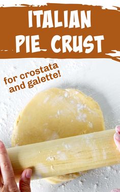 an advertisement for italian pie crusts with hands holding a piece of bread in front of it