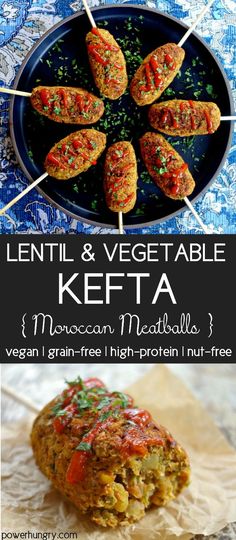 lentil and vegetable kefta on a plate with text overlay