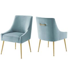 two blue chairs with gold legs and one has a golden handle on the armrest