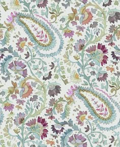 an intricately designed wallpaper with colorful flowers and leaves on white background, suitable for use in interior design