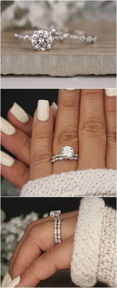 three different views of an engagement ring and wedding band