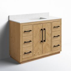 a bathroom vanity with drawers and a sink