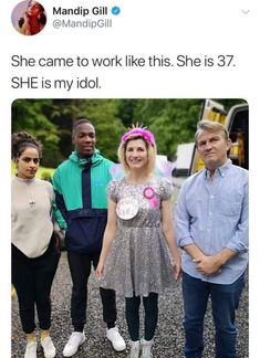 three people standing next to each other in front of a firetruck with the caption'she came to work like this she is 37, she is my idol '