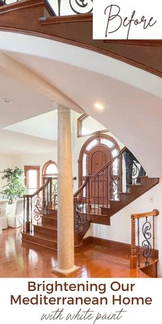 How to Brighten Your Home with White Paint Sw Mediterranean Paint Exterior, Modern Mediterranean House Interior, Trim Interior Doors, Mediterranean Stairs Design, Mediterranean Railing Design, Stained Trim Interior, Dark Stained Trim, Stairs Mediterranean, Modern Mediterranean Interior Design