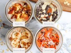 four glass bowls filled with different types of food