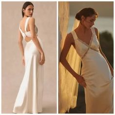 two pictures of pregnant women in white dresses, one is wearing a dress with straps and the other has an open back