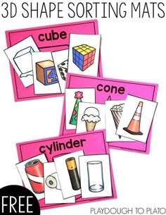 3d shape sorting mats with the words, cubes and cone on them to help students learn