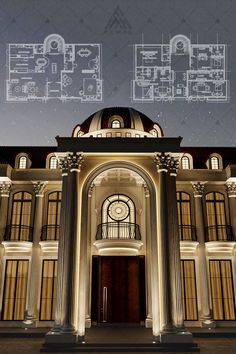 an architectural drawing of a building with columns and arches in front of it at night